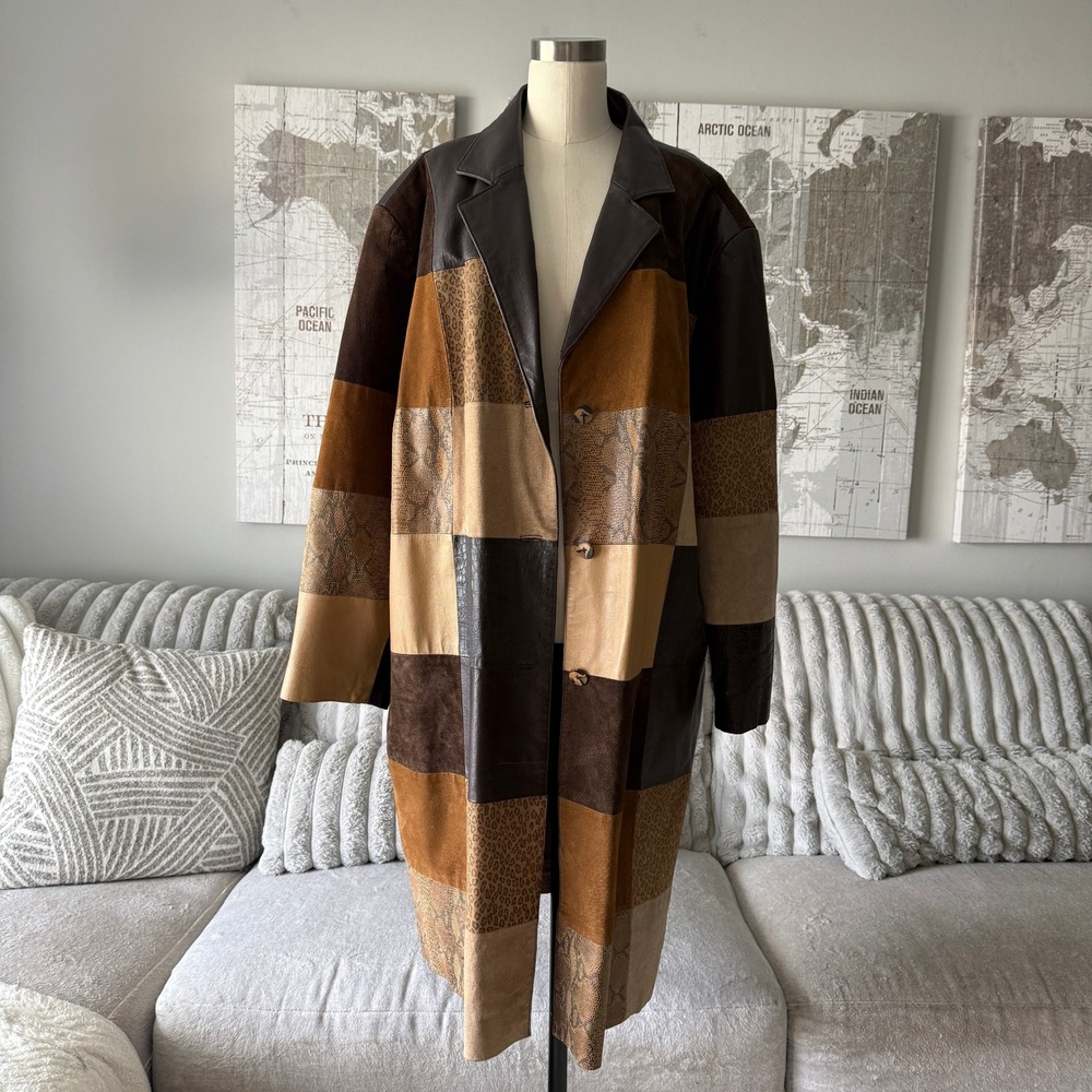 Via Accenti Patchwork Leather Suede Animal Print Long Coat Brown Tan Multi